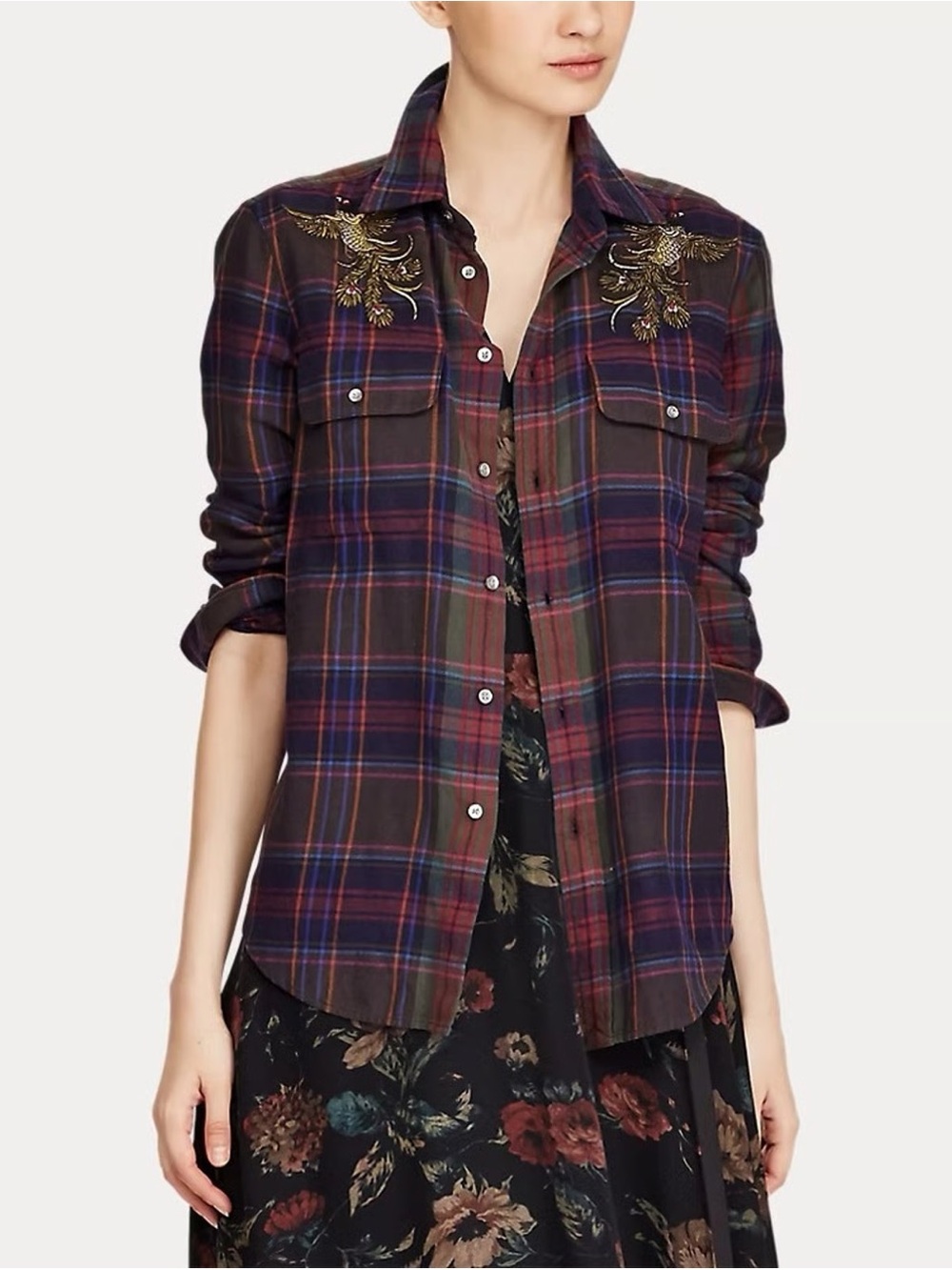 Polo Ralph Lauren Peacock Embroidered Plaid Flannel Button Down Shirt Women’s S